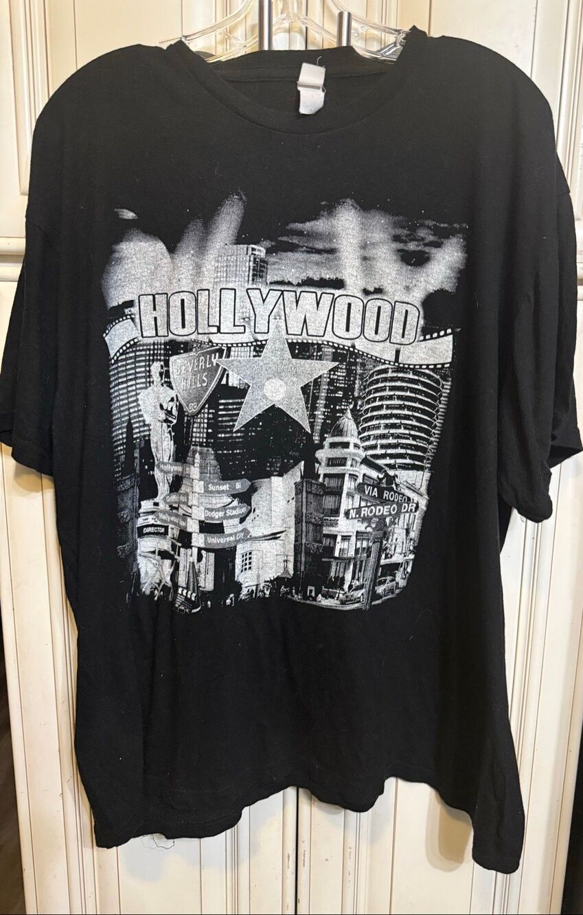 Vintage Tultex Men's Hollywood Los Angeles Graphic Tourist T-Shirt Black Size XL